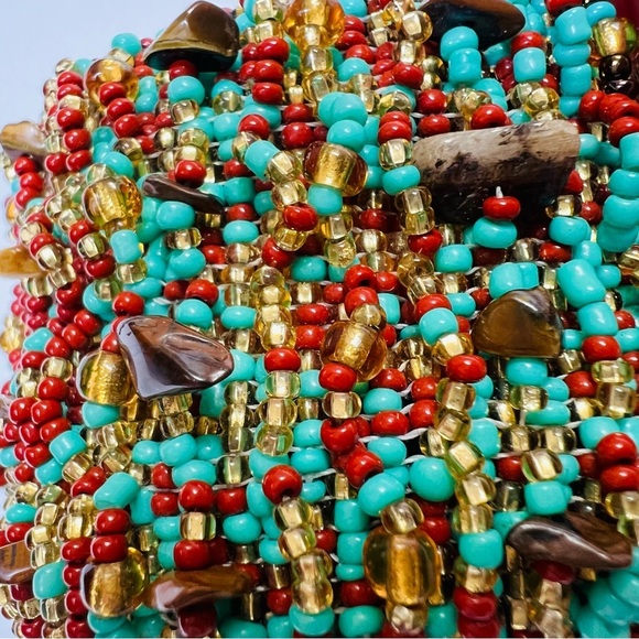 NATIVE AMERICAN SEED BEAD WIDE CUFF BRACELET FLORAL DESIGN TIGER EYE - Picture 8 of 9